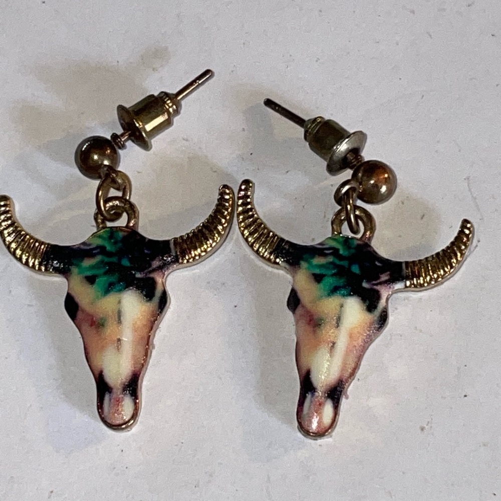 Gold-Tone Bull Skull Drop Earrings with Multicolor Inlay